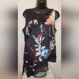 White House Black Market Sleeveless Blk Floral Assymetrical Ruffle Tunic Size M